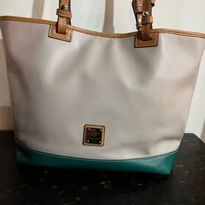 Dooney & Bourke double handle tote,two tone leather, red textile interior, EUC